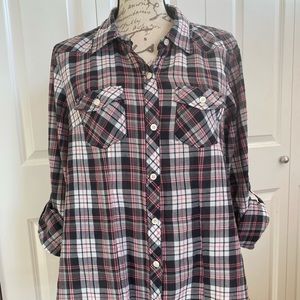 Torrid plaid cotton top, pink/black/white, 1X, EUC
